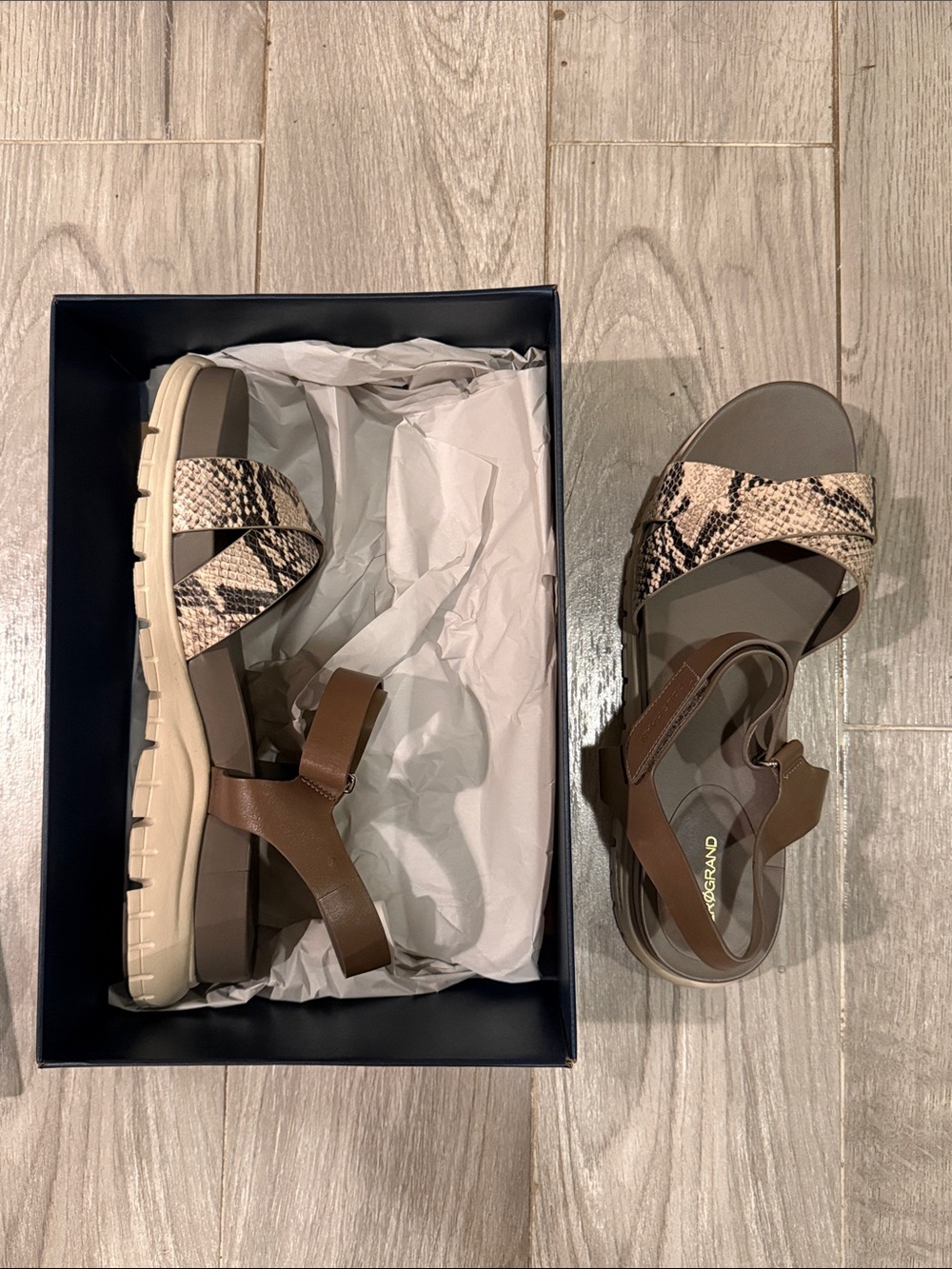 Cole Haan Brown and Snake-Print Leather Sandals